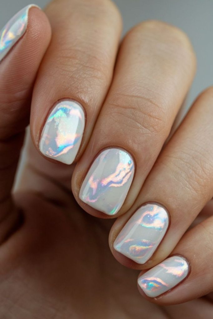 Pearlescent nails with soft shimmering glow.