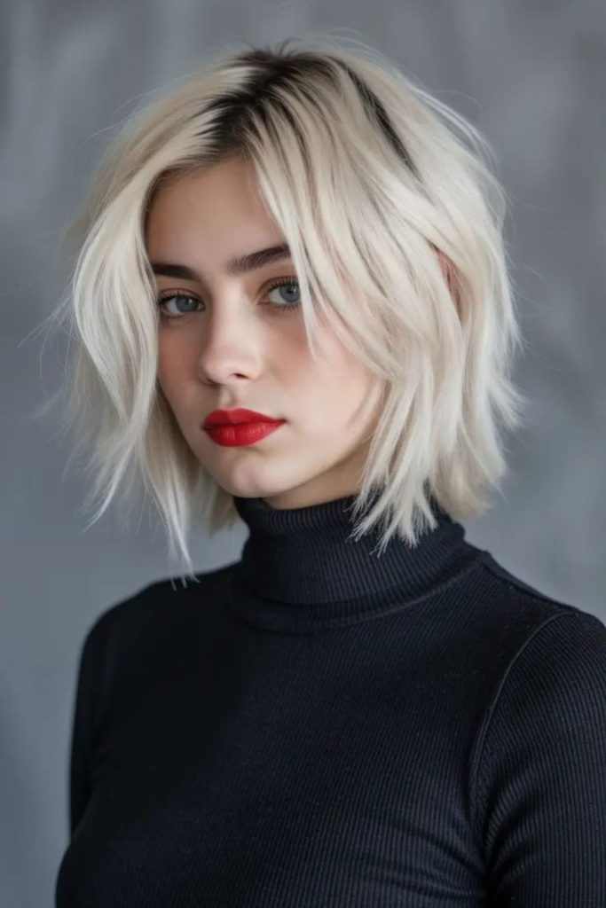 Jaw-length platinum bob flicked outward