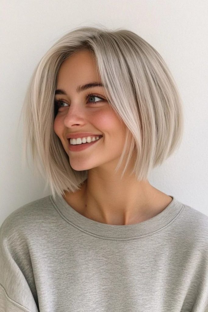Sleek jaw-length platinum bob hairstyle