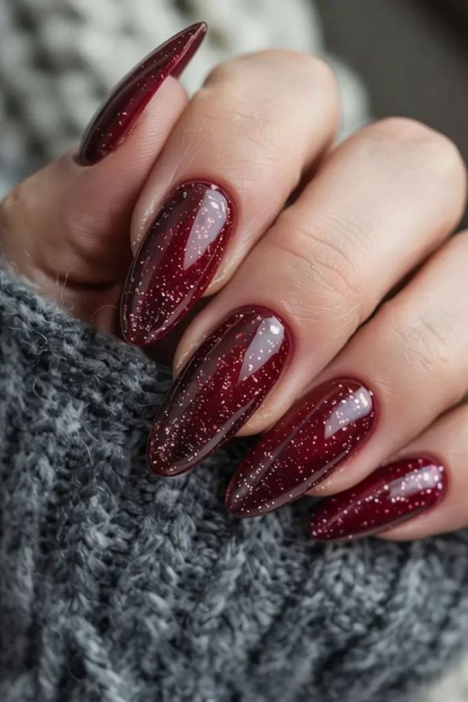 Metallic shards over deep burgundy tips