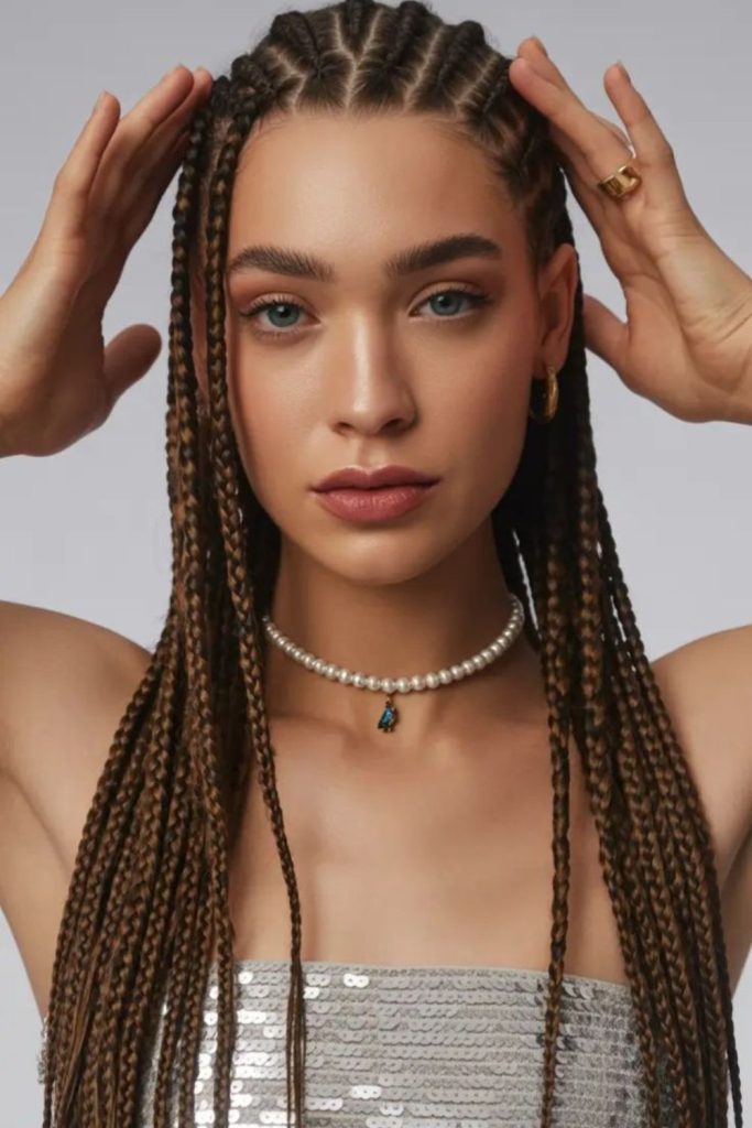 Extra long goddess straight back braids.