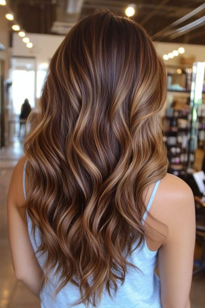 Chestnut brown hair with golden glowing highlights.