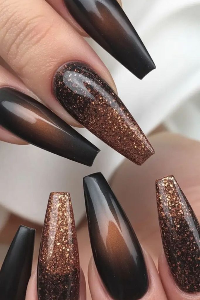 Charcoal gold nails fiery luxurious contrast