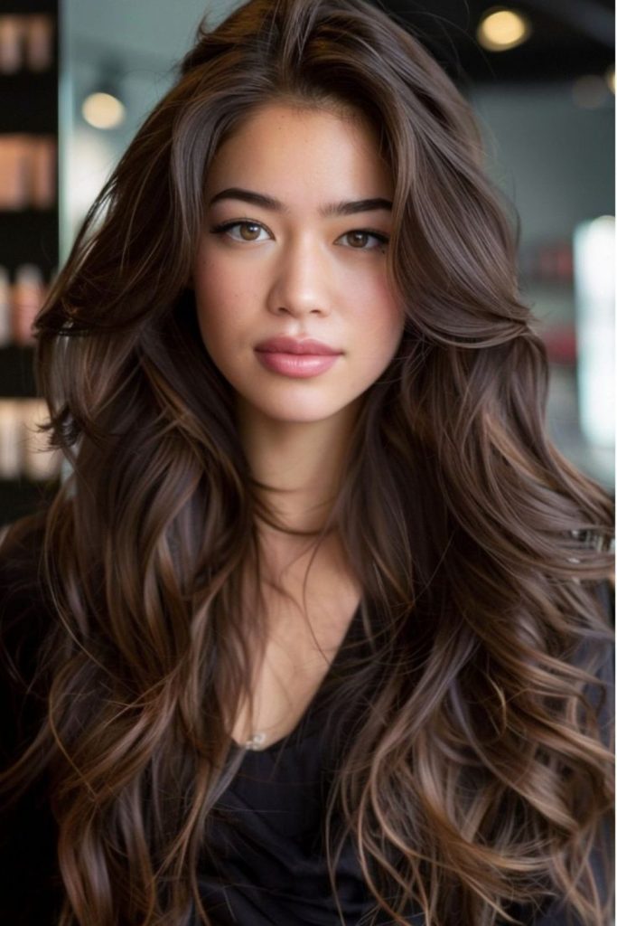 Golden streaks in mocha brown flowing hair.