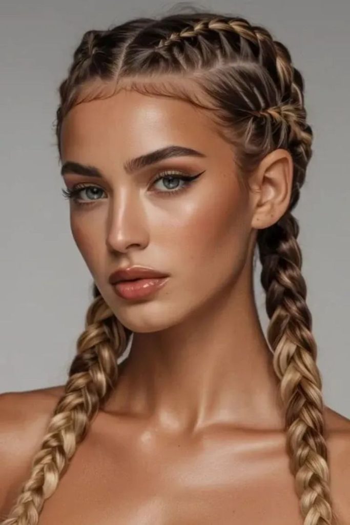 Golden highlighted straight back braids style.