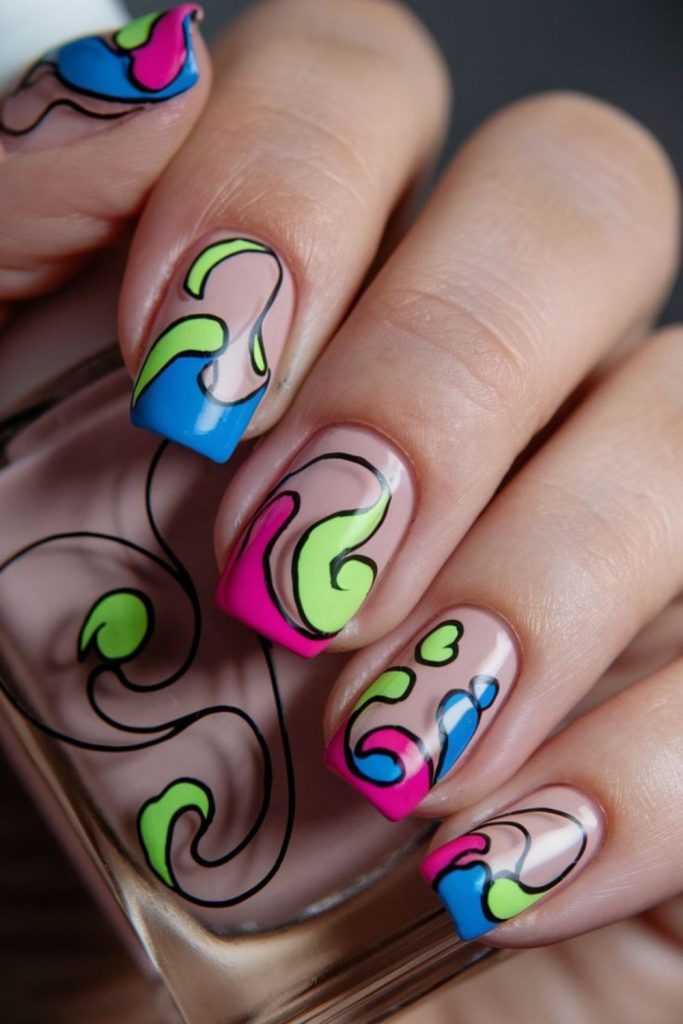 Neon graffiti-inspired short nails