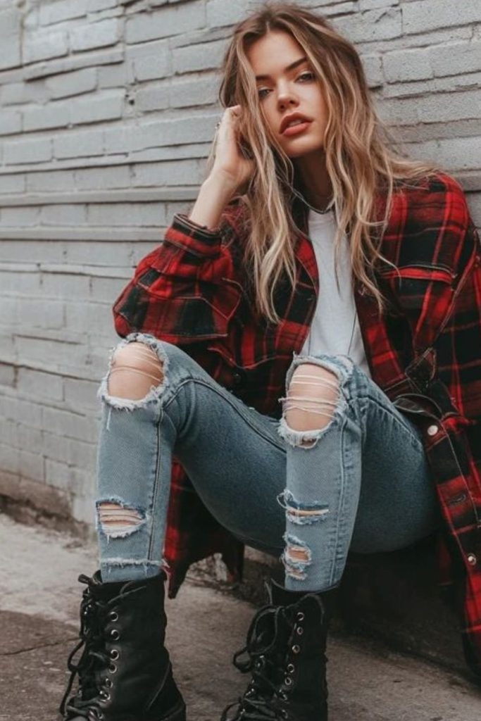 Grunge flannel ripped jeans style.
