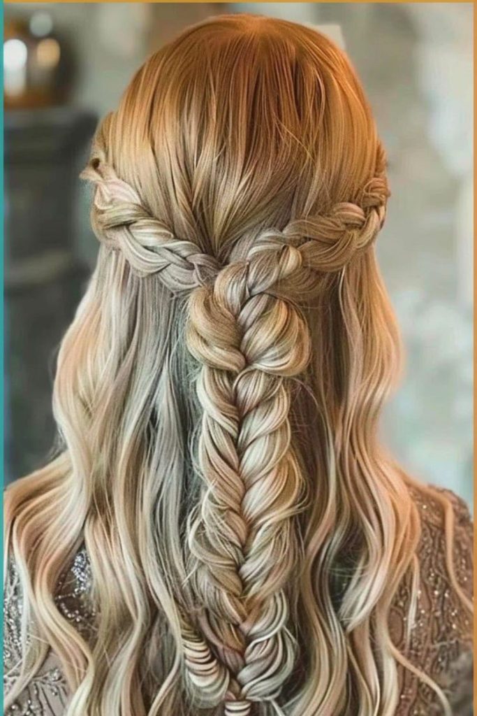 Half-up fishtail twist with cascading curls