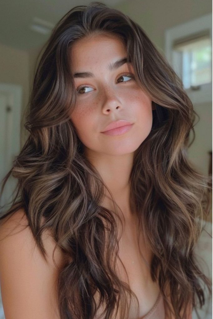 Hazelnut brown hair with soft airy highlights.