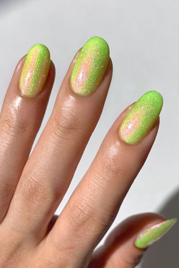 Holographic neon green shifting nails