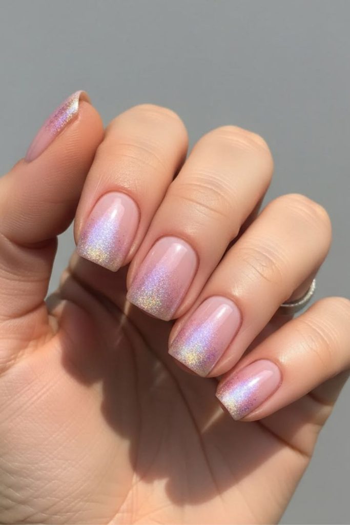 Iridescent short nails rainbow shimmer
