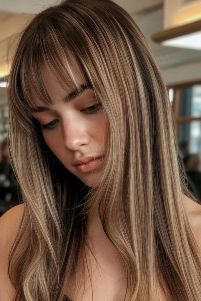 Honey brown hair with golden highlights glow.