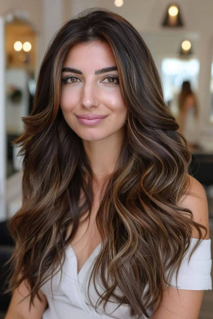 Honey streaks blended with espresso dark hair.