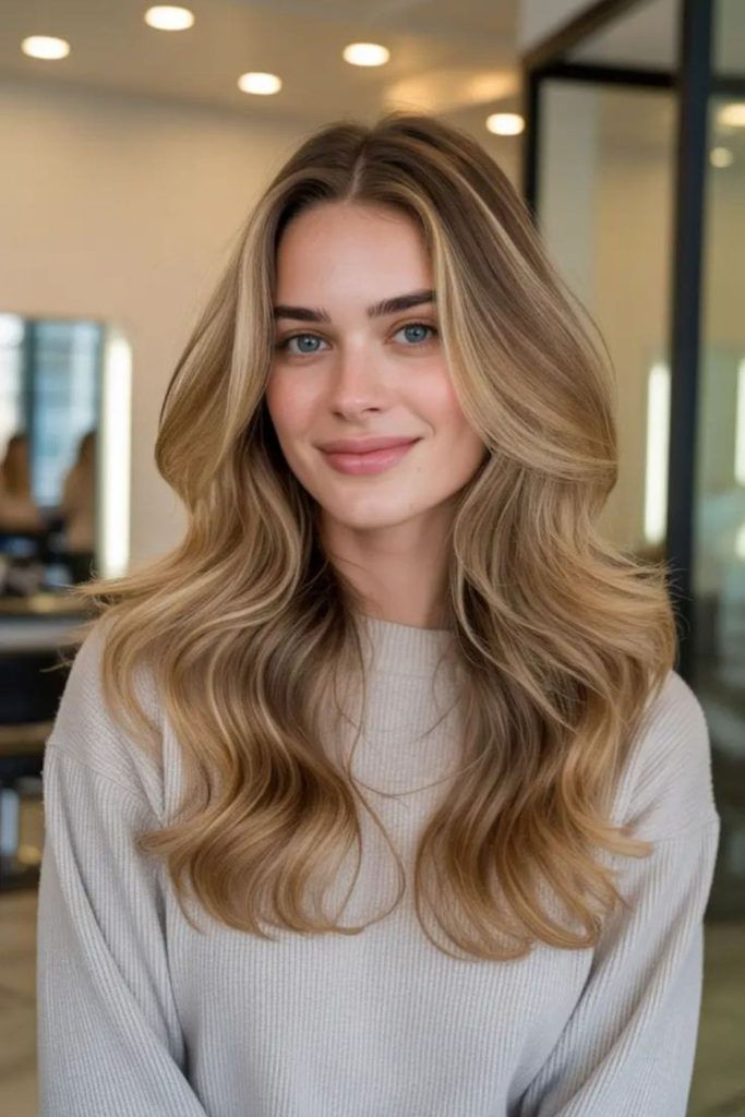 Glossy honey blonde face-framing layers