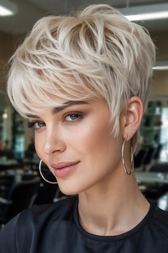 Short platinum pixie with tapered edges
