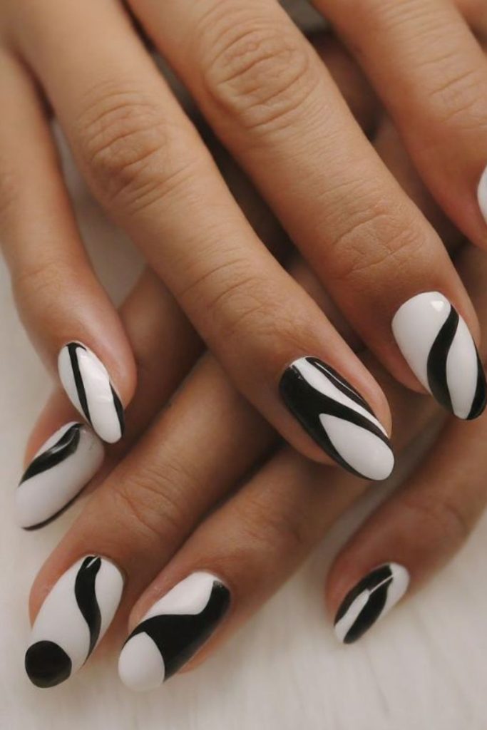 Black white abstract nails expressive art