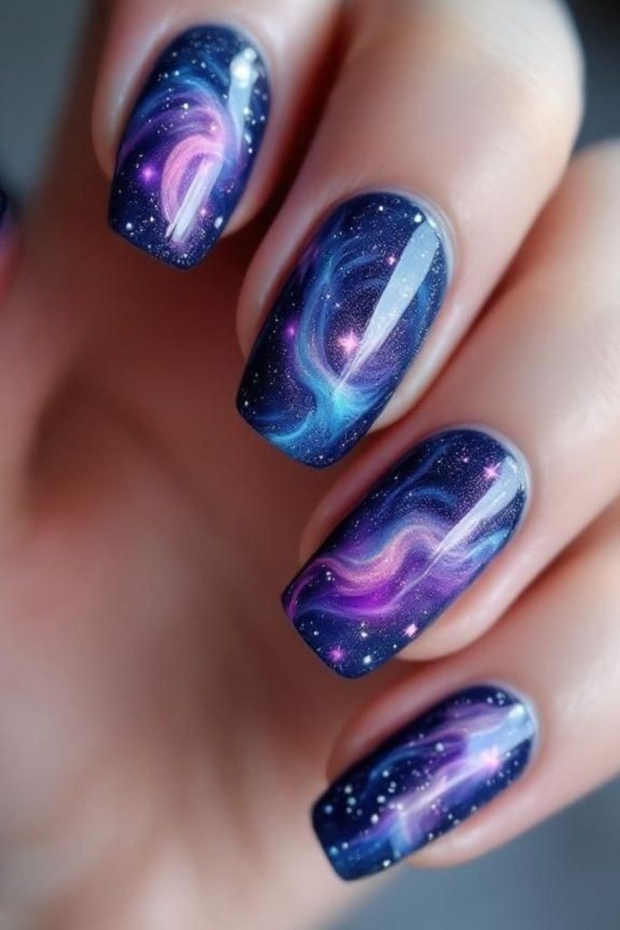 Purple blue nails cosmic stardust design