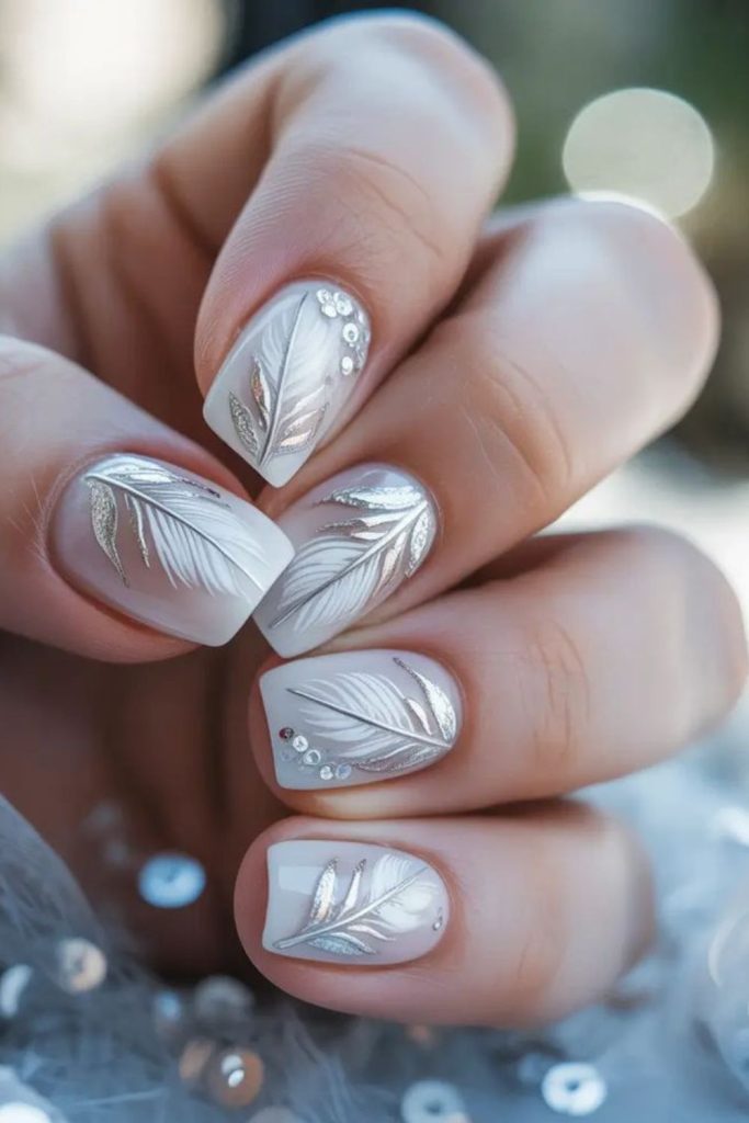 Feather-like shimmering short nail strokes