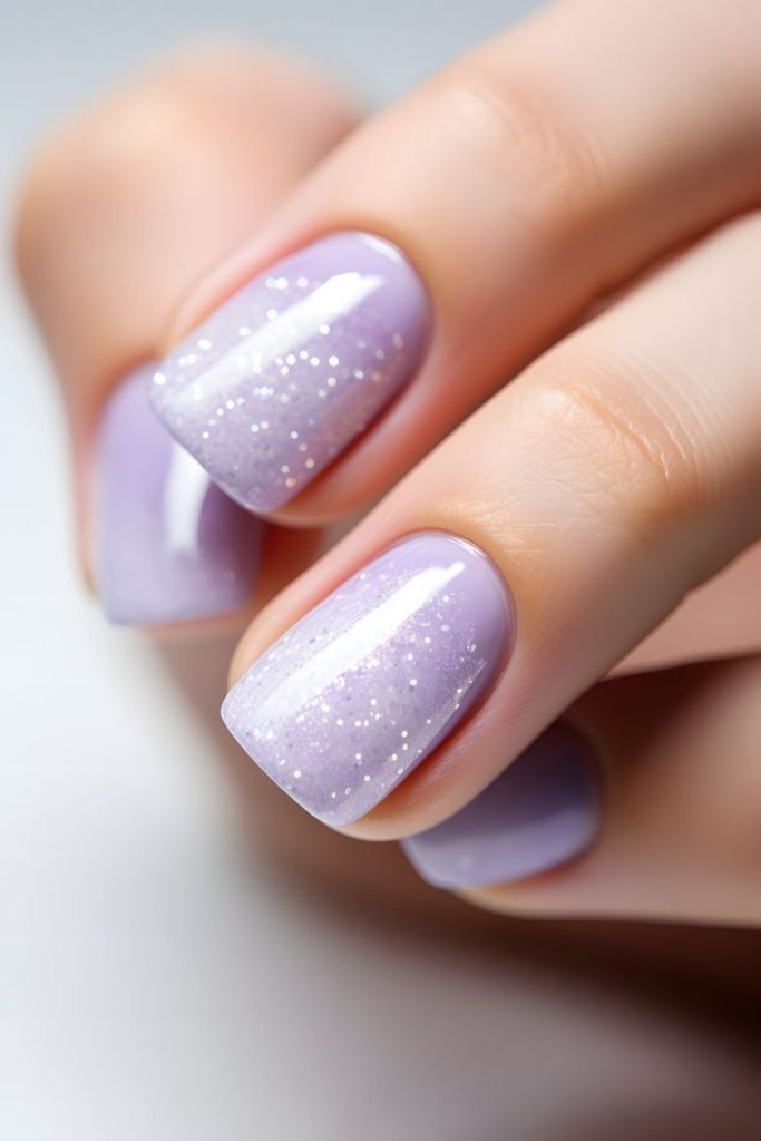Lavender nails with glittery sparkle accents.