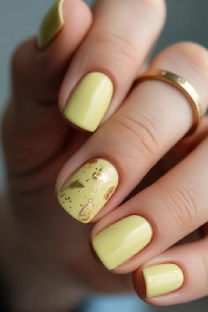 Bright yellow nails with scattered flecks.