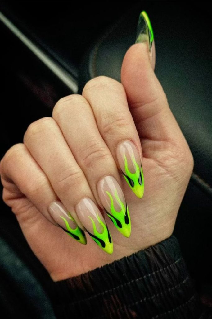 Lime flame neon nail design