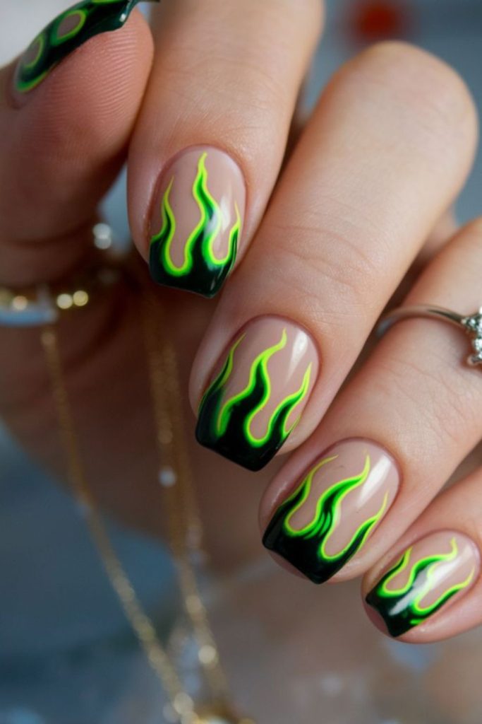 Lime flame design edgy nail art