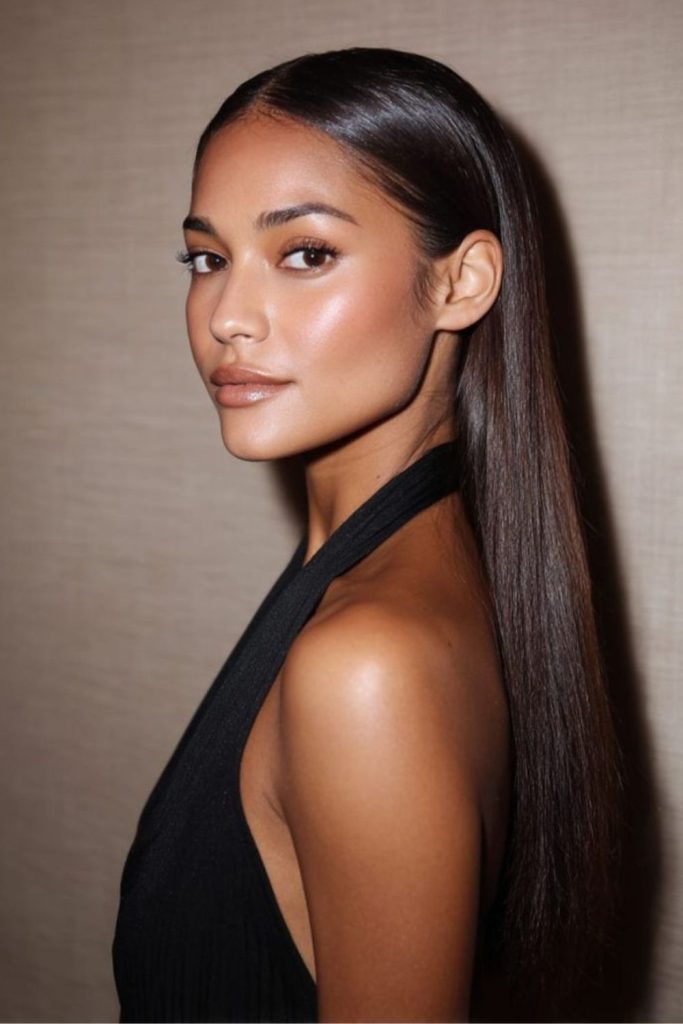 Jet-black shiny long hair cascading