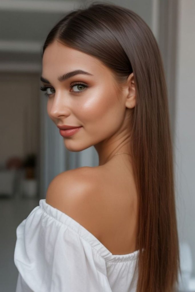 Soft luminous straight hair over shoulders