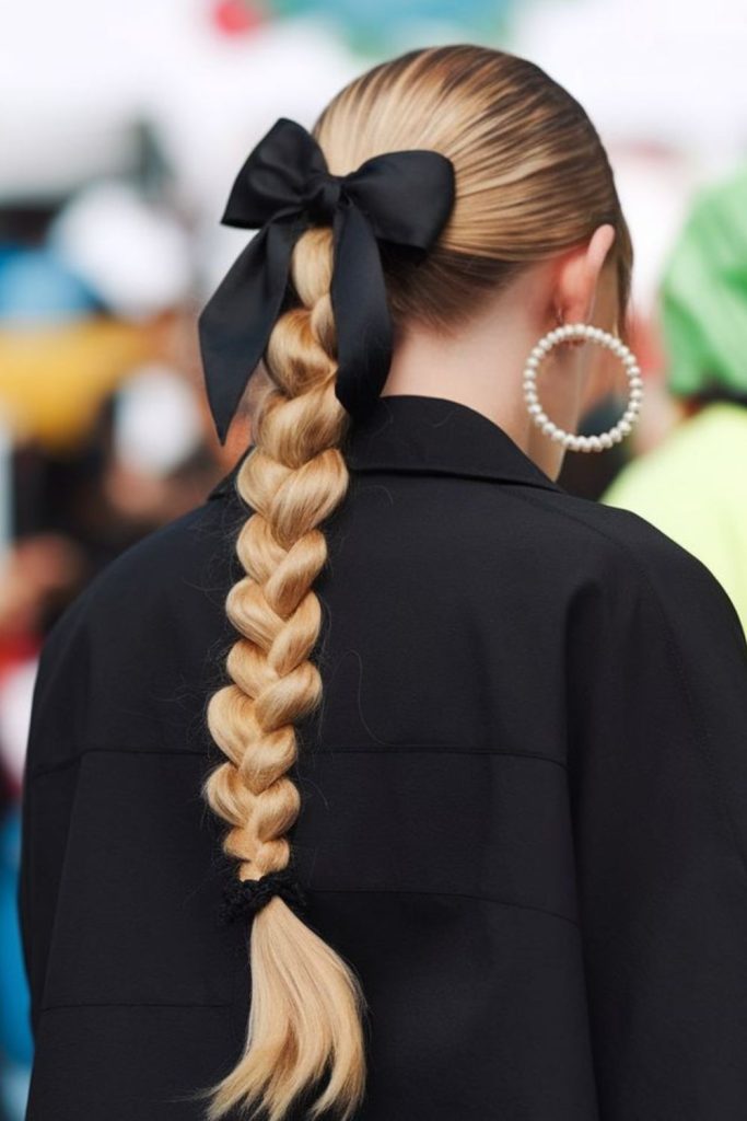 Braided ponytail with elegant ribbon detail.
