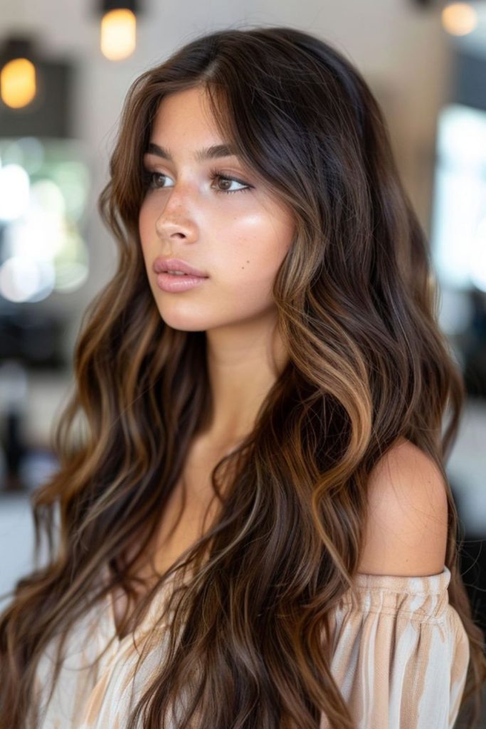 Chestnut glow highlights in maple brown hair.