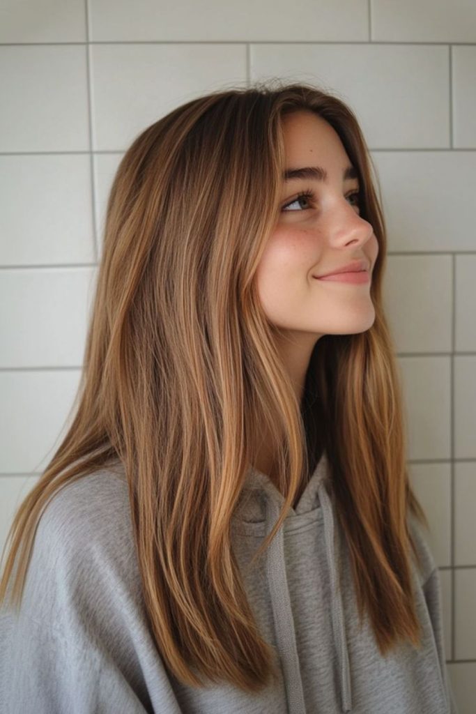 Chestnut hair falling evenly with style