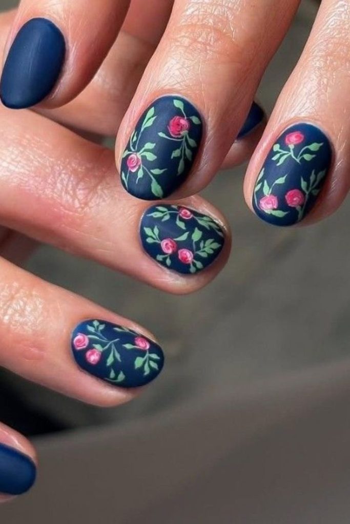 Dark floral design short nails