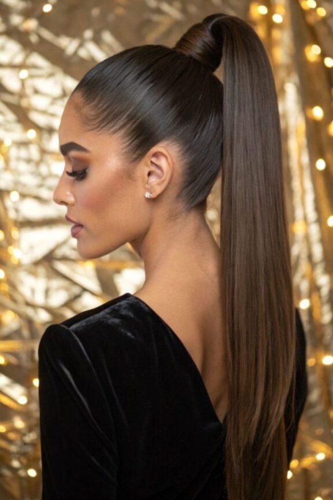 High glossy ponytail with dramatic volume.