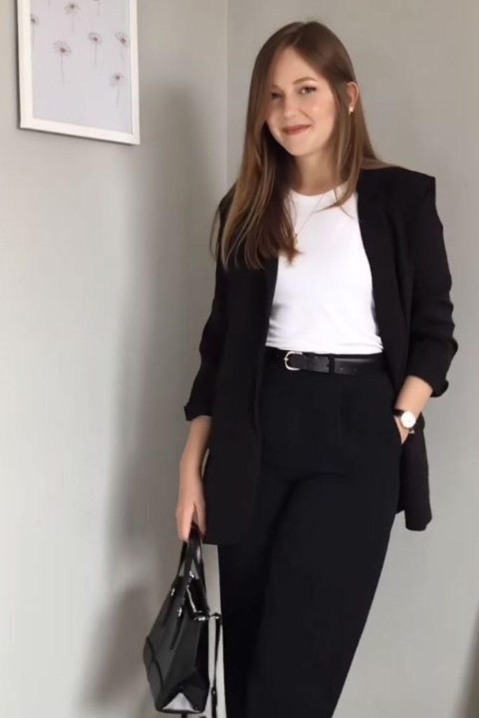 Black blazer dark jeans outfit.