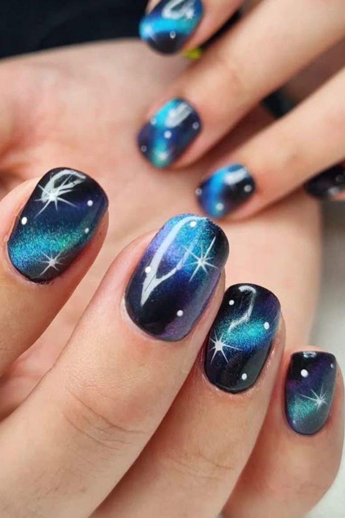 Cosmic purple navy short nails