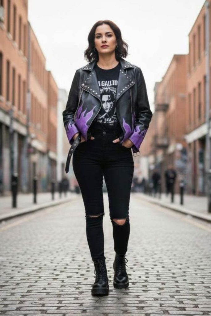 Leather moto jacket edgy boots