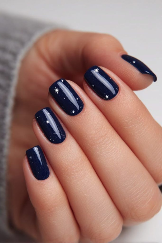 Deep sapphire nails with silver highlights.