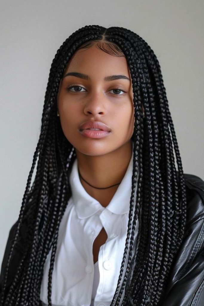 Midnight black sleek straight back braids.