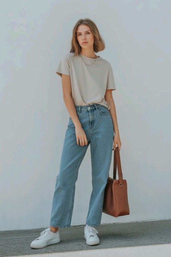 Minimal tee straight jeans outfit.