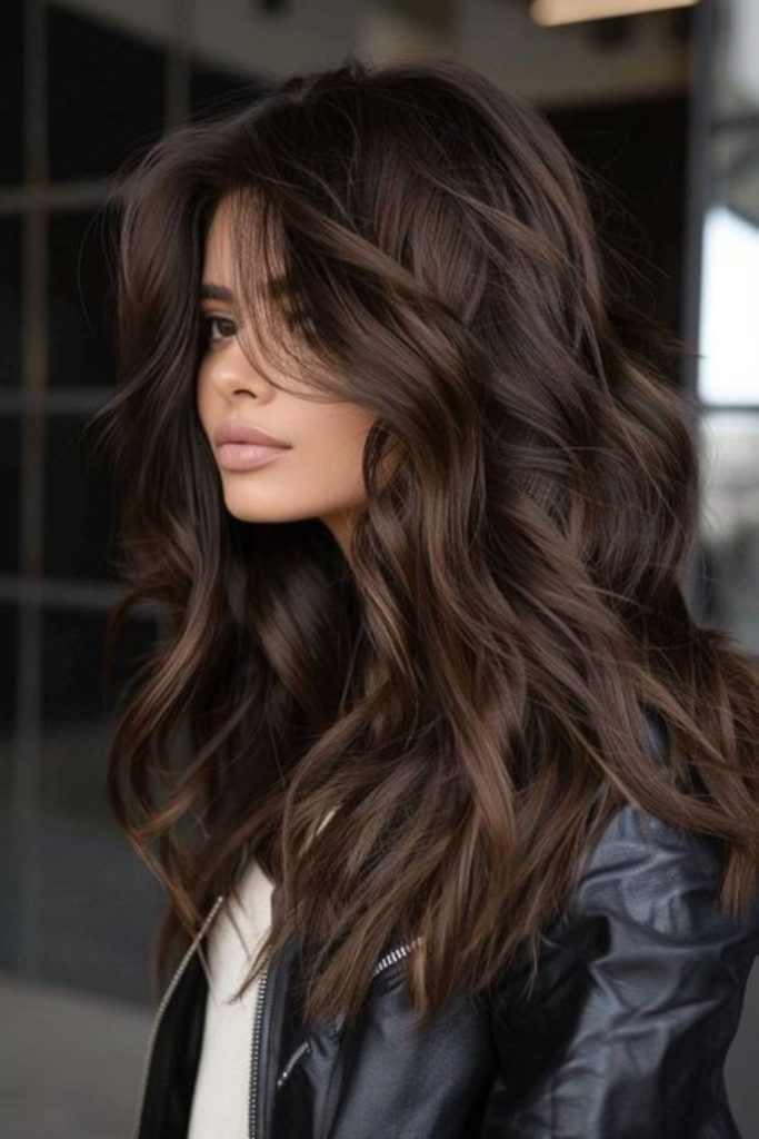 Chestnut luminous waves in mocha hair.