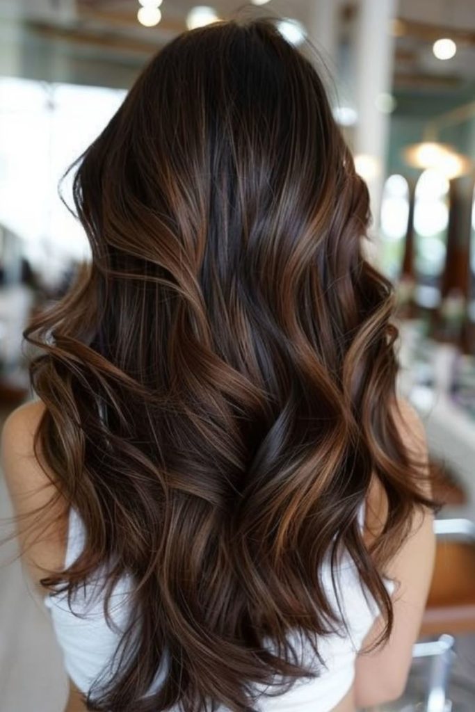 Cinnamon spark highlights in mocha hair.