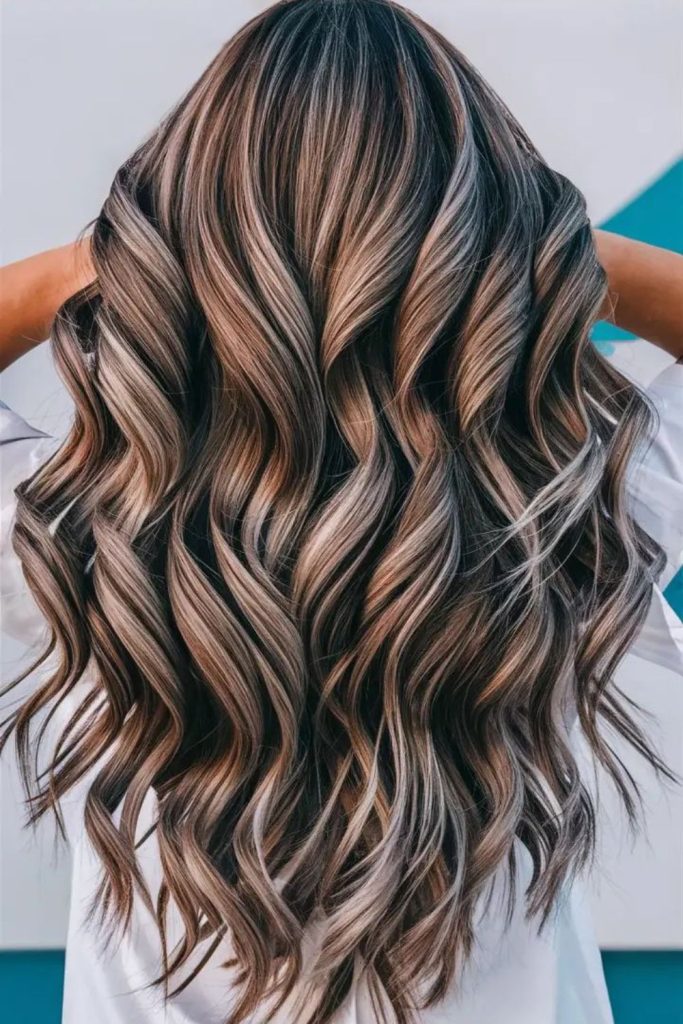 Cool mocha brown hair with beige highlights.