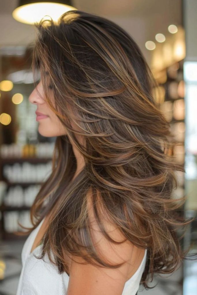 Caramel highlights on dark brown flowing hair.