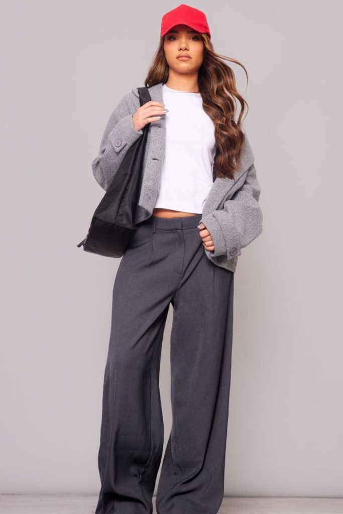 Charcoal blazer monochrome trousers outfit.