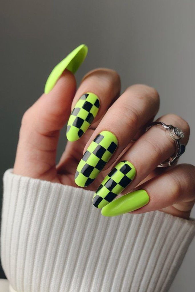Neon checkerboard pattern nail design