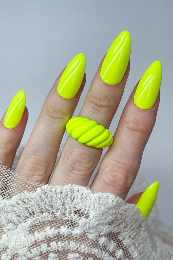 Neon lime glossy bold nail design