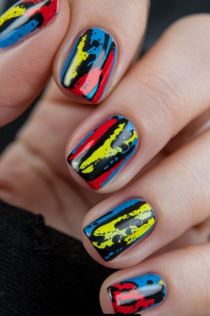 Bright neon streaks on short nails
