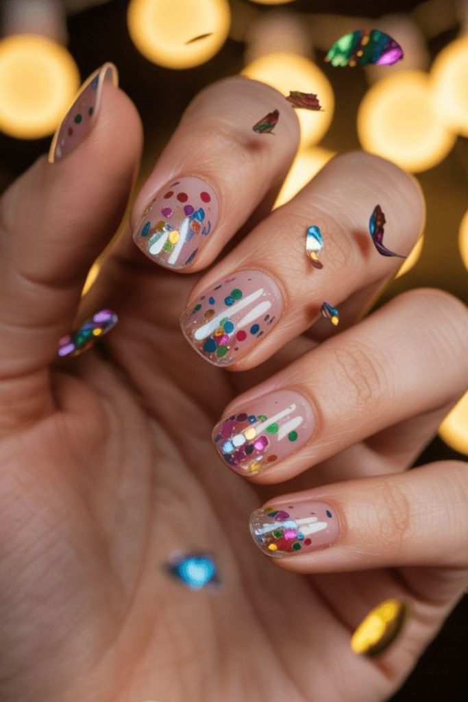 Multicolor confetti bursts on short nails