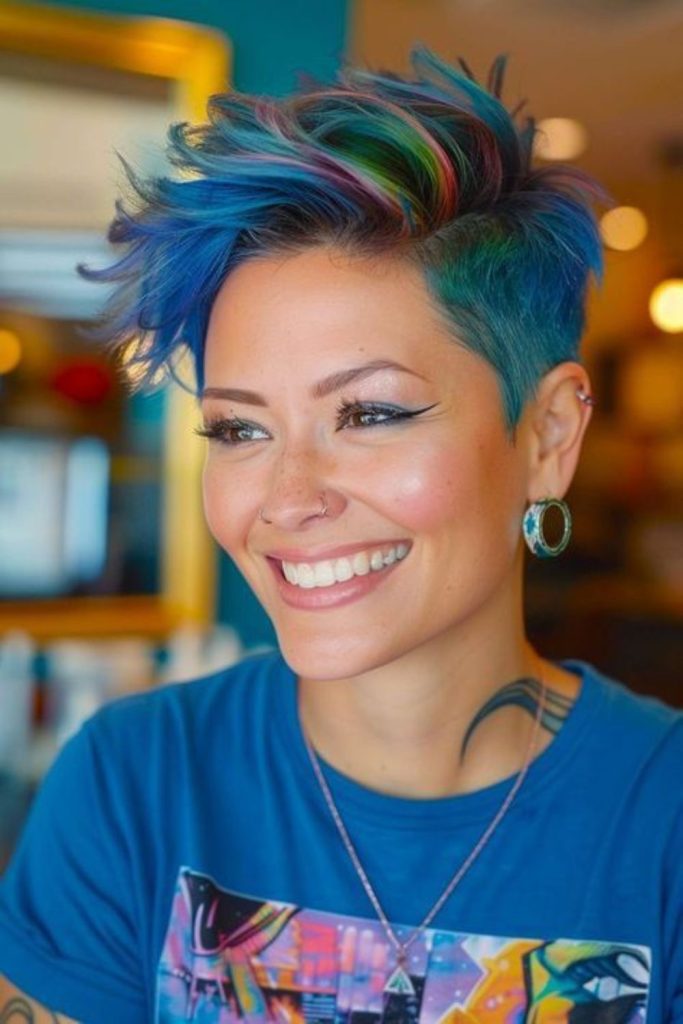 Razor-cut pixie with neon streaks