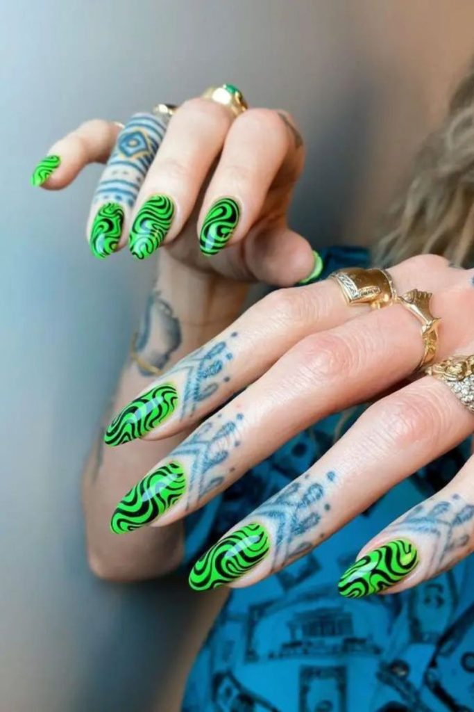 Neon wave motion nail pattern